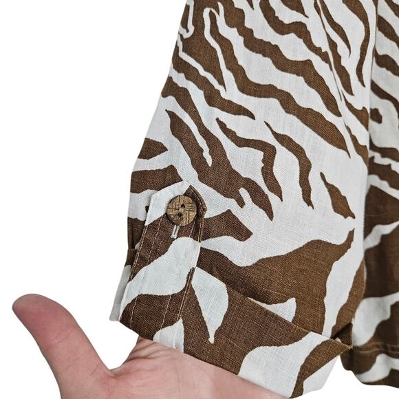 Jones New York Womens Brown White Zebra Print Linen Button Down Shirt Size PS - Picture 7 of 11